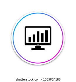 Computer screen with financial charts and graphs icon isolated on white background. Chart Bars and Financial Analytics. Circle white button. Vector Illustration