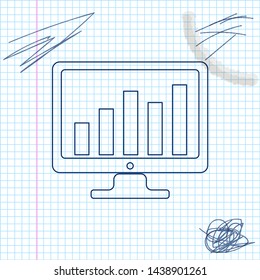 Computer screen with financial charts and graphs line sketch icon isolated on white background. Chart bars and financial analytics. Vector Illustration