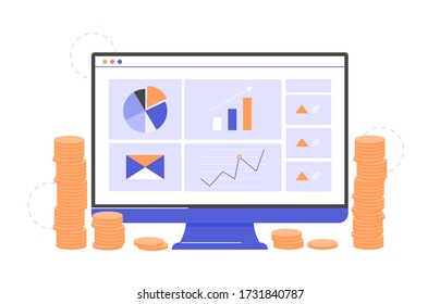 Computer Screen With Financial Dashboard And A Stacks Of Coins. Economic Analysis, Risk Assessment. Charts And Graphs. Vector Flat Illustration.