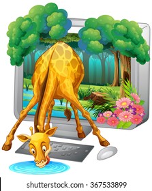 Computer screen with giraffe drinking water illustration