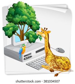 Computer screen with giraffe eating leaves illustration