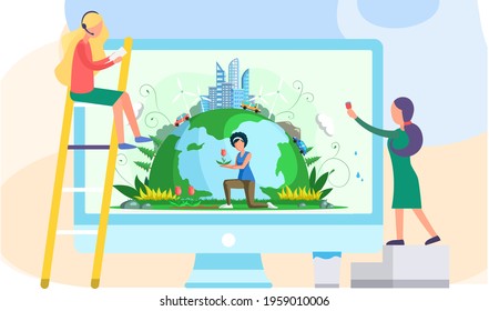 Computer screen with girl caring for Earth flower. People work with banner on environmental theme