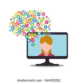 computer screen girl socila media bubble vector illustration eps 10
