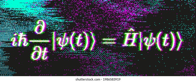 Computer screen with glitched pixels and  Schrodinger linear partial differential equation. Concept of the quantum computing.