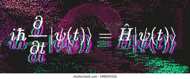 Computer screen with glitched pixels and  Schrodinger linear partial differential equation. Concept of the quantum computing.