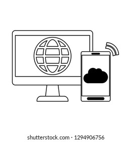 Computer screen with globe and smartphone in black and white