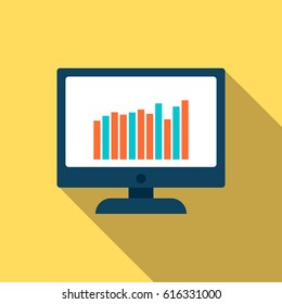 Computer screen with graph icon in flat style. Vector illustration for web design