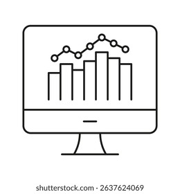 Computer Screen With Graph Line Icon. Data Analysis, Business Analytics, And Performance Tracking Outline Symbol. Financial Insights And Market Trends. Editable Stroke. Isolated Vector Illustration.