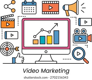 Pantalla de ordenador con gráficos e iconos de marketing barras de gráficos.
