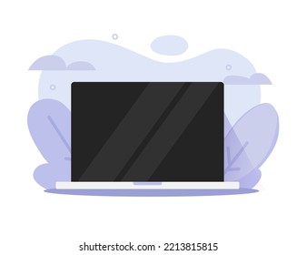 Computer screen graphic design vector or laptop notebook pc empty blank display on abstract workplace office desk cartoon illustration image