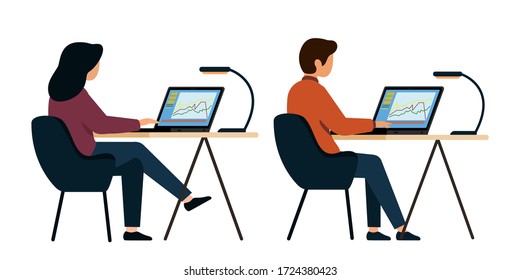Pantalla del ordenador. El chico y la chica están trabajando en laptops. Entorno laboral en la oficina. 