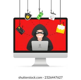 Computer screen hacker and cybercriminal phishing, identity theft, user login, password, documents, email and credit card. Hacking and web security. Internet phishing concept. Vector illustration