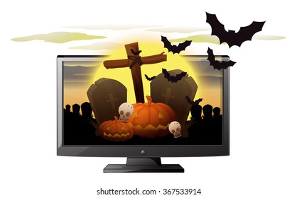 Computer screen with halloween theme illustration