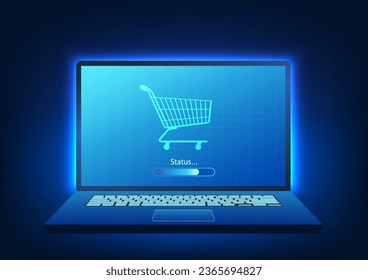 La pantalla del ordenador tiene un carrito de la compra con estado. Representa compras en línea donde los productos pueden ser pedidos en cualquier parte del mundo a través de internet.