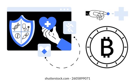 Computer screen with a health shield and heart, robotic hand inserting coin, Bitcoin symbol. Ideal for digital health, blockchain, finance technology, robotics, cryptocurrency, telemedicine. Line