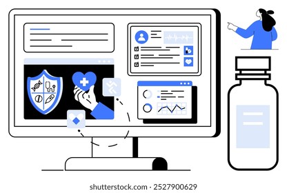 Computerbildschirm mit Gesundheitssymbolen, Patientenprofil und medizinischen Grafiken. Ideal für Medizintechnik, Telemedizin, Gesundheitsinformationssysteme, Patientendatenmanagement, Gesundheitserziehung