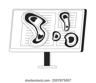 Computer screen heatmap black and white 2D line object. Eye tracking heat map monitor desktop isolated vector outline item. Visual attention. Neuromarketing monochromatic flat spot illustration