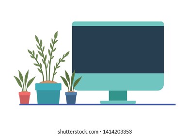 computer screen with houseplant in white background