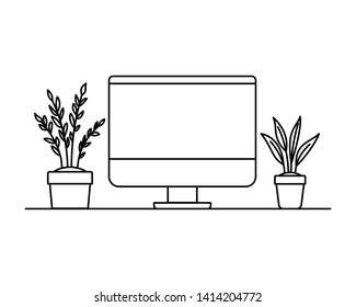 computer screen with houseplant in white background