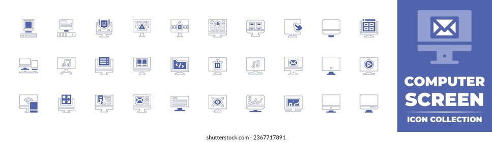 Colección de iconos de la pantalla del equipo. Curso de línea de estilo duotónico y negrita. Ilustración vectorial. Consta de monitoreo, monitor de computadora, monitor, computadora, pantalla de computadora, pc, enlazado, respuesta, hogar inteligente.