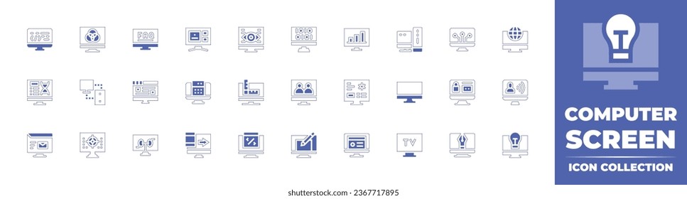 Computer screen icon collection. Duotone style line stroke and bold. Vector illustration. Containing personal computer, pc, global, monitor, login, influencer, tv, design tool, idea, coding.
