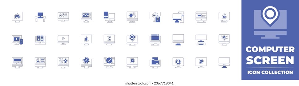 Computer screen icon collection. Duotone style line stroke and bold. Vector illustration. Containing computer, desktop, pc, gamepad, table, tv, e learning, browser, admin, options, tv monitor.