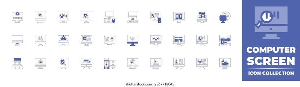 Sammlung von Computerbildern Duotone Stil Linie Strich und fett. Vektorgrafik. Enthält Uhr, Computer, Bildschirm, Bildschirm, i-Design, Surfen, Monitor, TV, e-Book, Web-Design.