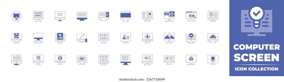 Computer screen icon collection. Duotone style line stroke and bold. Vector illustration. Containing computer, user experience, order, feminism, code, tv, binary code, market research, computing.