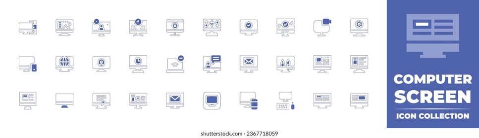 Computer screen icon collection. Duotone style line stroke and bold. Vector illustration. Containing monitor, setting, graphic design, online booking, computer, informatics, design, checking.