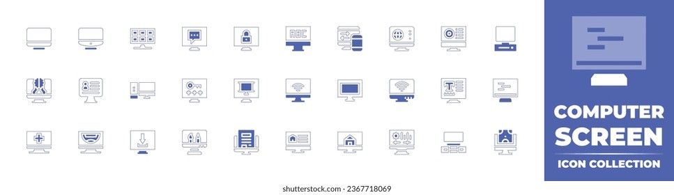 Colección de iconos de la pantalla del equipo. Curso de línea de estilo duotónico y negrita. Ilustración vectorial. Conteniendo ordenador, escritorio, descarga, chat, candado, contraseña, presentación, diseño gráfico, artículo.
