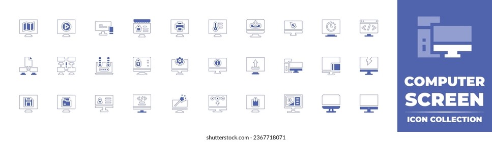 Colección de iconos de la pantalla del equipo. Curso de línea de estilo duotónico y negrita. Ilustración vectorial. Con clic, retardo, codificación, computadora, espejado de pantalla, crack, pc, escritorio, monitor, mapa, reproducción, línea.