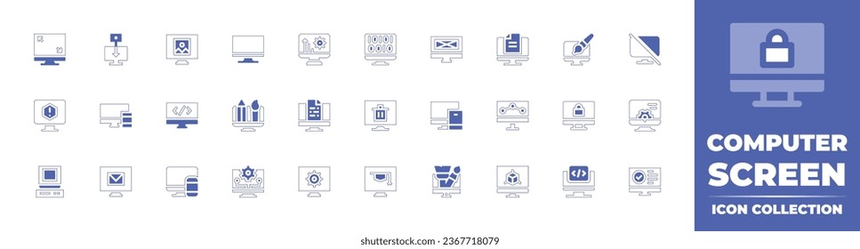 Computer screen icon collection. Duotone style line stroke and bold. Vector illustration. Containing computer, graphic design, monitor, chemistry, settings, voting, photographer, error, responsive.