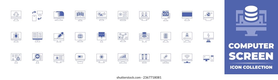 Computer screen icon collection. Duotone style line stroke and bold. Vector illustration. Containing computer, online support, transfer, chess game, virus, desktop, coin, destroy, privacy, weather.