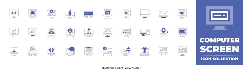 Computer screen icon collection. Duotone style line stroke and bold. Vector illustration. Containing computer, monitor, settings, reading mode, crop, grid, analytics, 3d, binary code, video conference