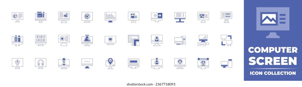 Computer screen icon collection. Duotone style line stroke and bold. Vector illustration. Containing screen, touch screen, computer, computer networks, user, pc, graphic design, binary code.