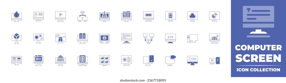 Colección de iconos de la pantalla del equipo. Curso de línea de estilo duotónico y negrita. Ilustración vectorial. Contiene codificación, computadora, cms, monitor, perfil, servidor, nube, gráfico, bomba, sitio web, contraseña, gráfico.