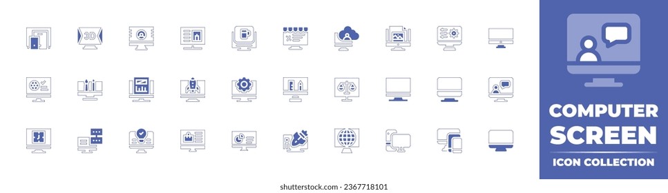 Computer screen icon collection. Duotone style line stroke and bold. Vector illustration. Containing computer, configuration, pc, video call, device, desktop, responsive, d, cloud network, appointment
