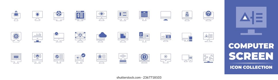 Computer screen icon collection. Duotone style line stroke and bold. Vector illustration. Containing screen, padlock, pop up, televisions, computer, cogwheel, bar graph, lifesaver, monitor, checkmark.