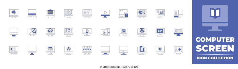 Colección de iconos de la pantalla del equipo. Curso de línea de estilo duotónico y negrita. Ilustración vectorial. Consta de ordenador, pantalla de tv, ordenador personal, pc, escritorio, universidad, rgb, online, binario, base de datos, tv.