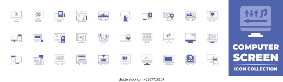 Computer screen icon collection. Duotone style line stroke and bold. Vector illustration. Containing screen, computer, personal computer, pc, newspaper, responsive, usability, stats, heart beat, share