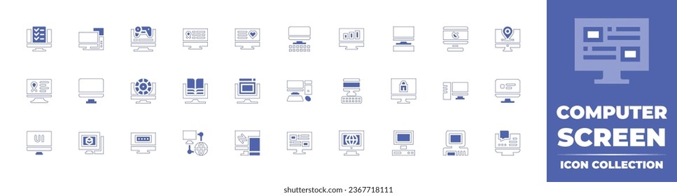 Computer screen icon collection. Duotone style line stroke and bold. Vector illustration. Containing usability, computer, ui design, d modeling, computer screen, pc, personal.