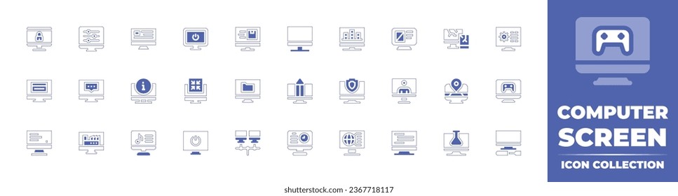 Sammlung von Computerbildern Duotone Stil Linie Strich und fett. Vektorgrafik. Enthält Computer, Fernseher, Monitor, Stromversorgung, Einstellungen, Musik.