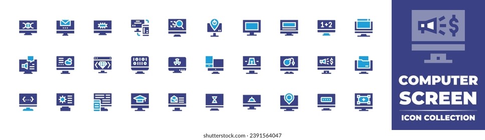 Computer screen icon collection. Duotone color. Vector illustration. Containing email, weather, manufacturer, interface, location, binary code, responsive, online learning, waiting, dna, cell, coding.