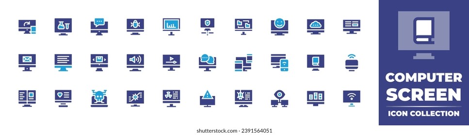 Computer screen icon collection. Duotone color. Vector illustration. Containing computer, adaptive, chat, monitor, transfer, email, online shop, video player, devices, online booking, malware, science