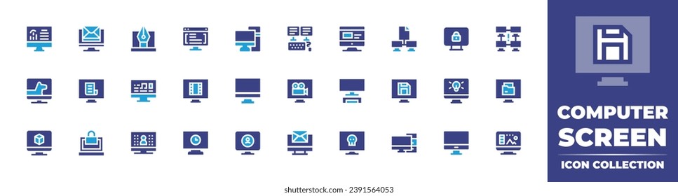 Colección de iconos de la pantalla del equipo. Color de duotona. Ilustración vectorial. Contienen computadora, plumas, pc, escritorio, correo electrónico, codificación, malware, noticias, reproductor de video, cámara de video, disquete, carpeta, bloqueo, trabajo.