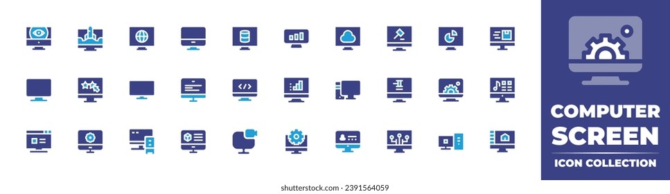Computer screen icon collection. Duotone color. Vector illustration. Containing monitor, television, coding, computer, cms, profile, worldwide, server, cloud, chart.