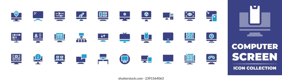 Computer screen icon collection. Duotone color. Vector illustration. Containing tv, web design, computer, responsive, online voting, network, computer screen, notification, message, location, binary.