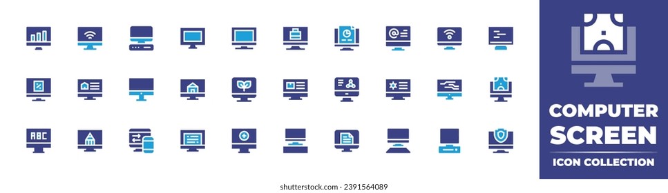 Computer screen icon collection. Duotone color. Vector illustration. Containing bar chart, computer, setup, email, monitor, chat, responsive, newspapers, scale, settings, print, switch, cloud, data.
