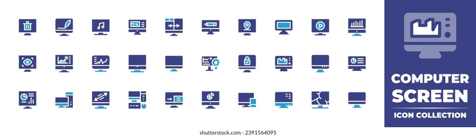 Computer screen icon collection. Duotone color. Vector illustration. Containing monitoring, computer monitor, screen, padlock, monitor, dashboard, pop up, televisions, broken screen, computer.