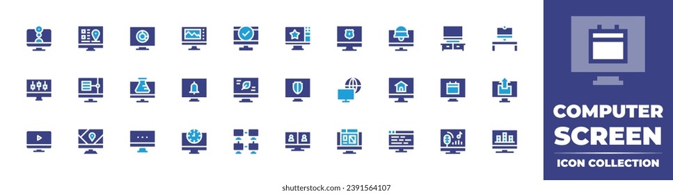Computer screen icon collection. Duotone color. Vector illustration. Containing video call, options, tv monitor, location, data storage, gps, pie chart, checked, chemistry, leaf, monitor, networking.